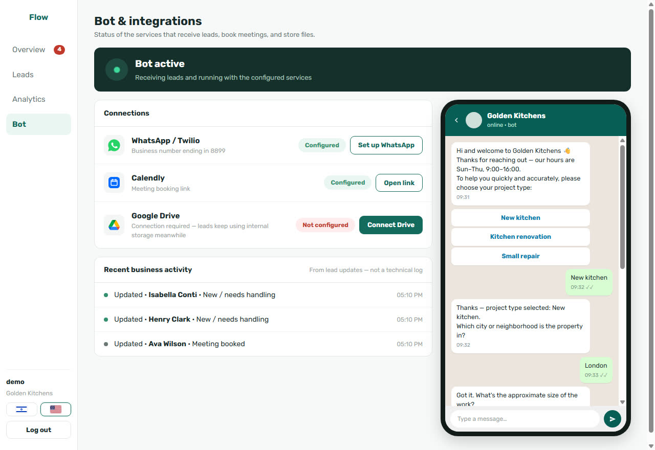 WhatsApp bot connection and automation settings